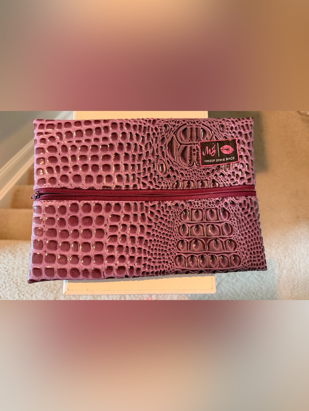 MakeupJunkie Plum Croc-Embossed Cosmetic Bag